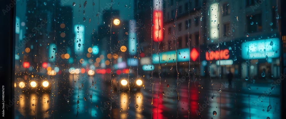 Fototapeta premium Rainy City Night View Through Window with Reflections – Generative AI Artwork