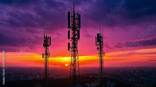 Sunset Silhouette: Telecommunication Towers Above Cityscape