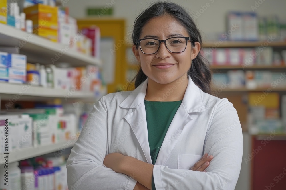 Female pharmacy worker professional glasses smiling. Female pharmacy worker professional glasses smiling.