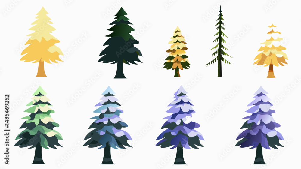 Obraz premium Illustration of various stylized pine trees with different colors and snow covered versions on white background