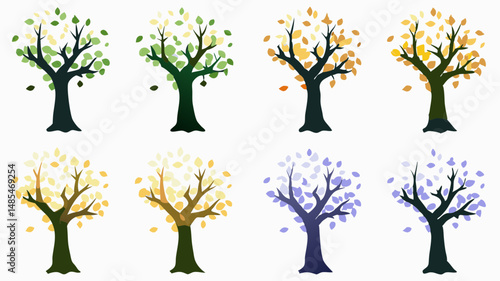 Illustration showing trees representing the four seasons with different colored leaves and falling leaves