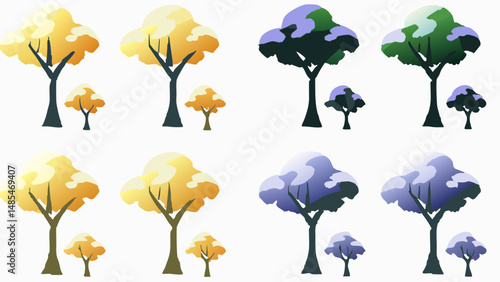 Illustration showing a set of trees with different colors and sizes on a white background art design