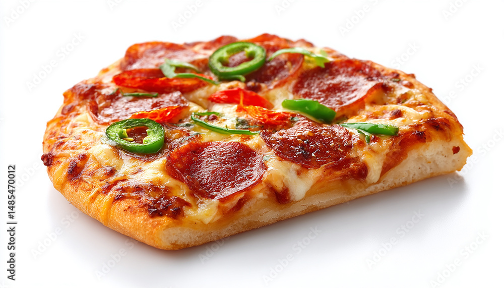 Delicious slice of pepperoni pizza with jalapenos and fresh tomatoes on white background Delicious slice of pepperoni pizza with jalapenos and fresh tomatoes on white background