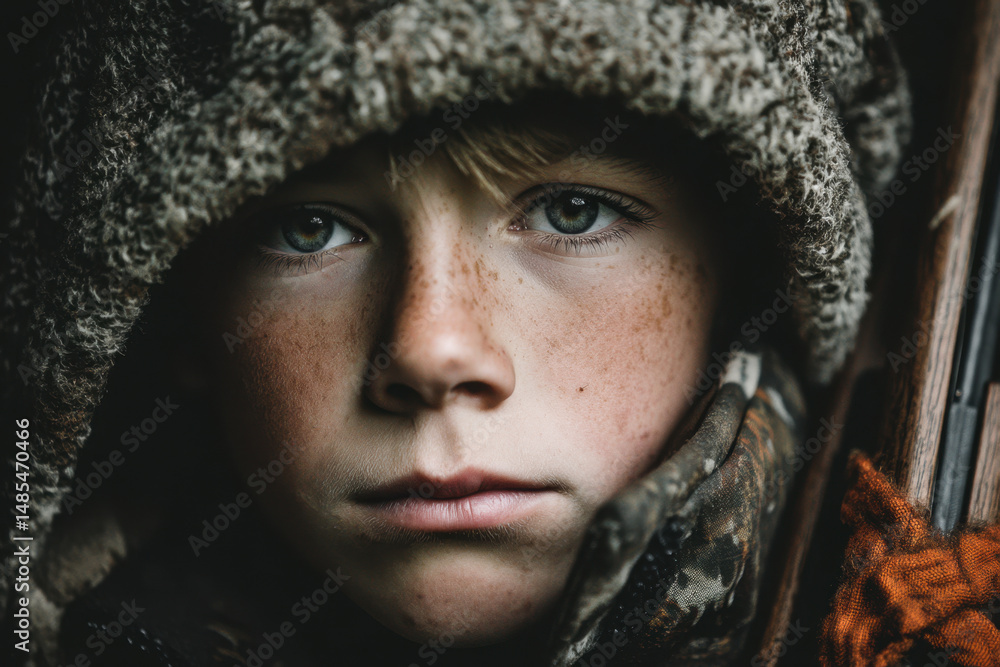 Young boy peeks out from behind a wooden door in a hoodie. Young boy peeks out from behind a wooden door in a hoodie.
