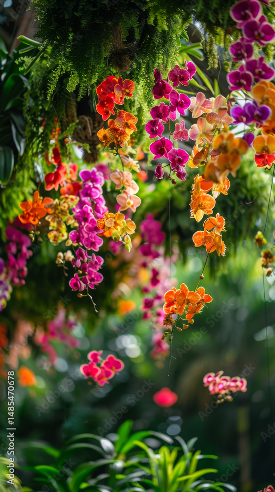 Obraz premium Colorful Hanging Orchids Among Lush Tropical Ferns. Cascading orchids in shades of pink, orange, and yellow hang gracefully among tropical ferns in a vibrant jungle garden scene.