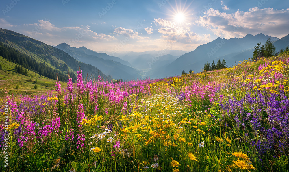 Obraz premium Scenic landscape of poppy fields blooming in california with majestic mountains in the background