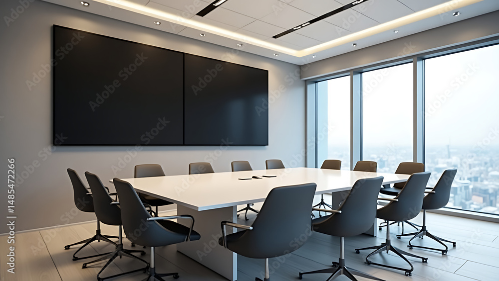 Modern Conference Room Design Sleek Interior with Large Screens and Panoramic City Views Modern Conference Room Design Sleek Interior with Large Screens and Panoramic City Views