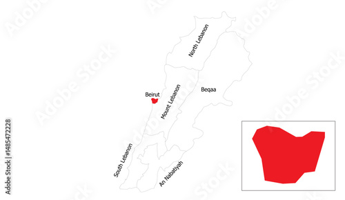 Lebanon map with red Beirut district, geographical regions and boundaries, administrative areas, cartographic illustration for educational resources, detailed country divisions