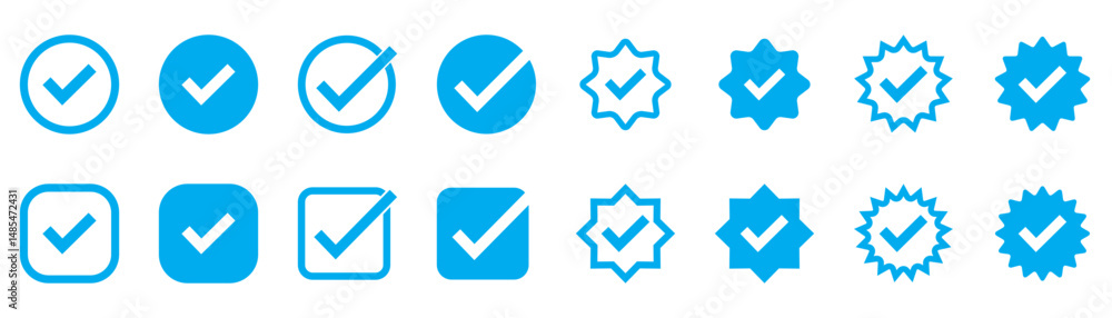 Blue check mark icons set. Checkmark vector icon collection. Checked icon or correct choice sign. Check mark or checkbox pictogram. Vector illustration. Blue check mark icons set. Checkmark vector icon collection. Checked icon or correct choice sign. Check mark or checkbox pictogram. Vector illustration.