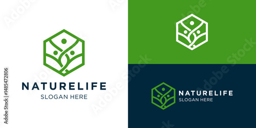 Creative simple nature life logo template. Tree with people symbol for Healthy life logo design vector illustration.