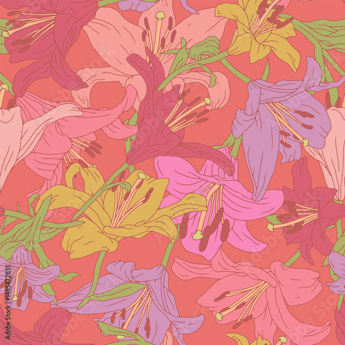 Vintage seamless pattern with hand drawn lily flowers on red background. Boho floral repeat wallpaper. Vector illustration