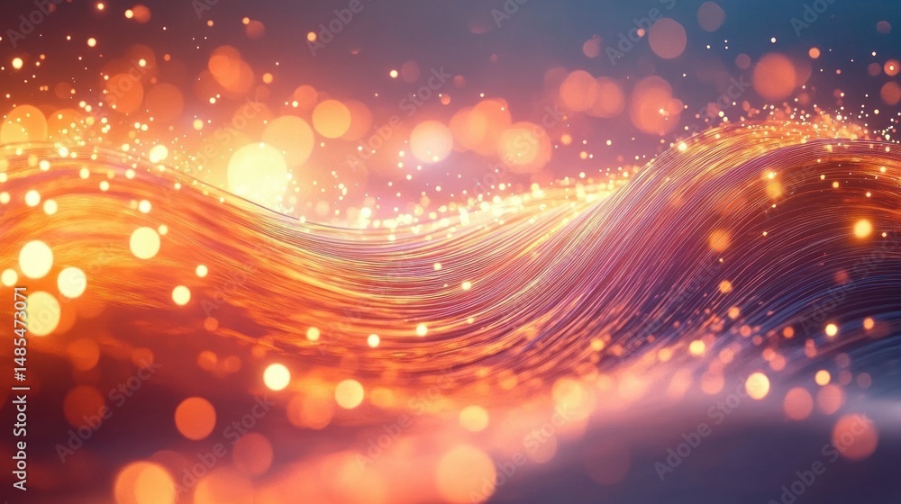 Obraz premium Abstract glowing wave of light strands with warm orange and golden bokeh particles creating a dynamic, flowing and vibrant scene