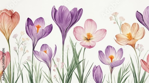 Tulips and crocuses with delicate branches are illustrated in watercolor for a seamless floral pattern with a romantic spring theme