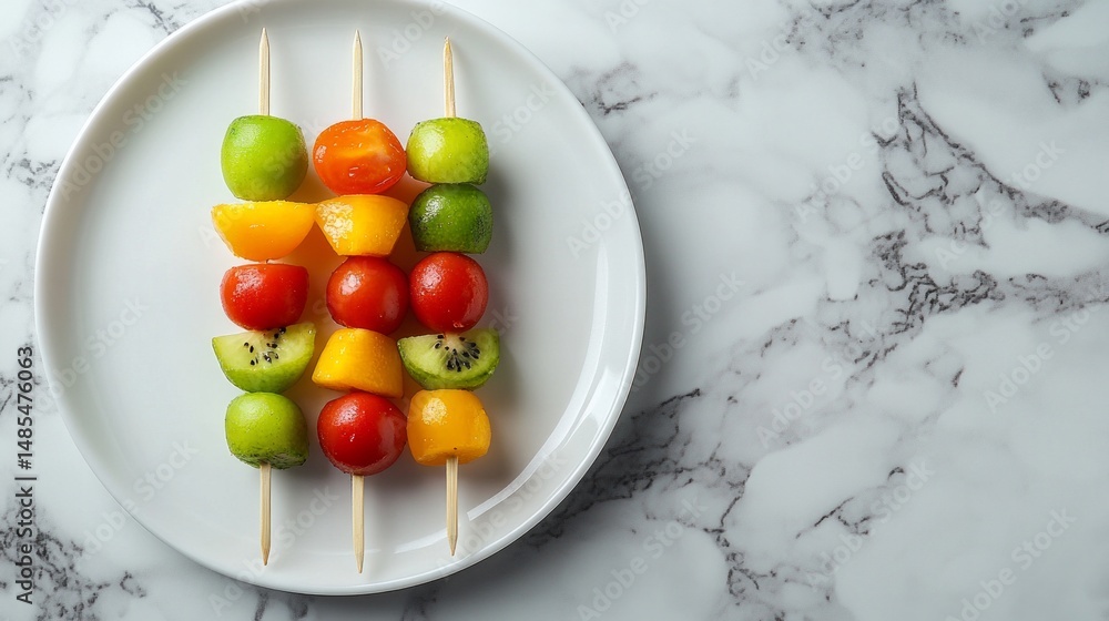 A plate of skewers with a variety of fruits including kiwi, tomatoes A plate of skewers with a variety of fruits including kiwi, tomatoes