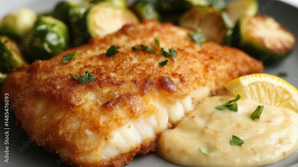 A crispy fried fish fillet served with a tangy lemon sauce and a side of roasted Brussels sprouts A crispy fried fish fillet served with a tangy lemon sauce and a side of roasted Brussels sprouts