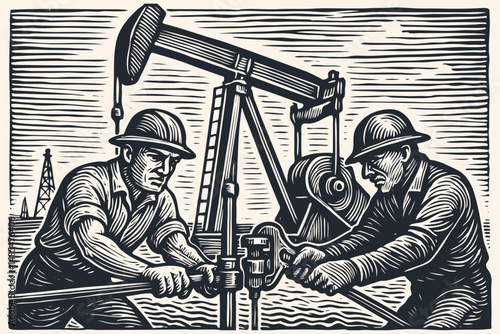 Vintage linocut style vector illustration. Two oil field workers in hard hats operating an oil pump jack. Industrial energy and fossil fuel theme.