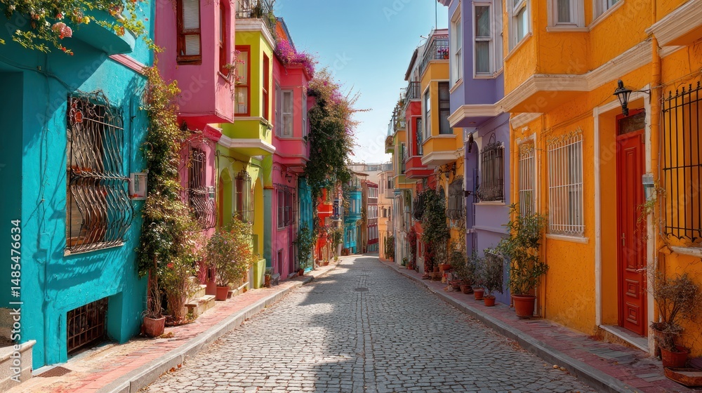 Fototapeta premium Vibrant Balat Street in Istanbul: A Colorful Journey Through Time