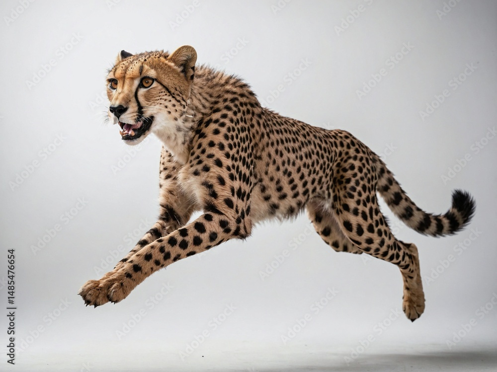 Fototapeta premium A full-body portrait of a cheetah captured mid-air during a jump