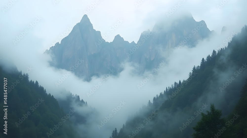Obraz premium Lost in the Ethereal: Navigating Mountains in Fog and Mist 