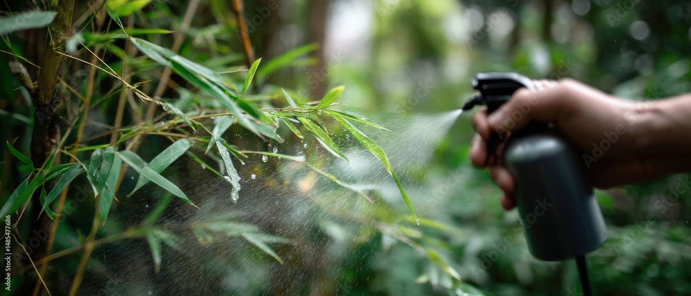 Fototapeta premium Hand spraying bamboo plant leaves with water outdoors Concept of plant care, gardening, and pest control in the garden during the daytime