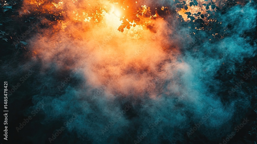 Campfire smoke in woods with tree silhouettes swirling air and golden light perfect for outdoor lifestyle and moody visuals Campfire smoke in woods with tree silhouettes swirling air and golden light perfect for outdoor lifestyle and moody visuals