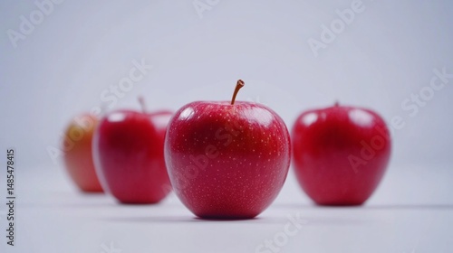 Four red apples are lined up on a white table