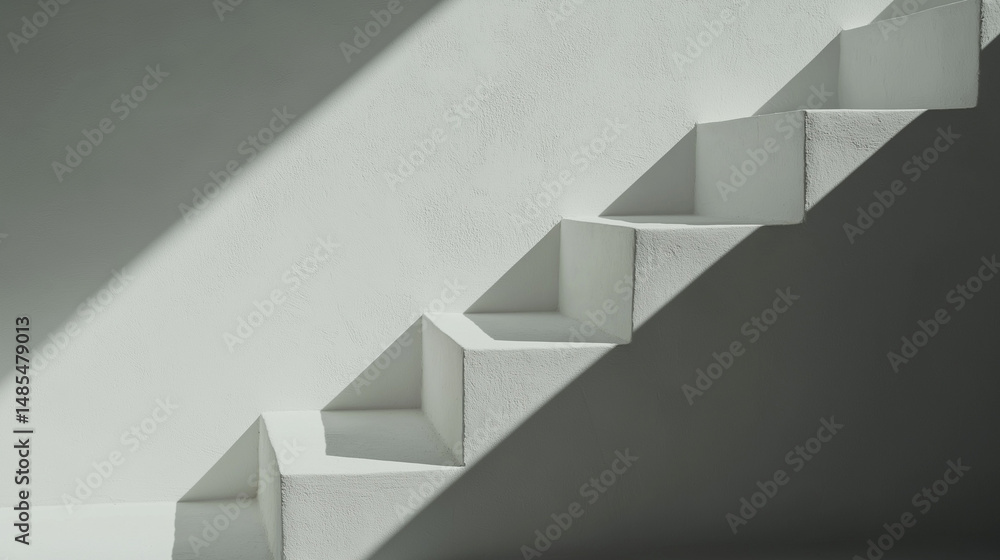 Fototapeta premium A storytelling frame centered on dramatic architectural still life: modern staircase with silver handrail, showcasing intricate design details against a grey backdrop.