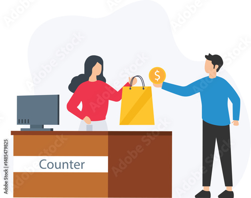 Store counter or checkout station, point of sale (POS) system or payment terminal, sales transactions or purchase processing, customer service or transaction assistance, cash handling or payment 