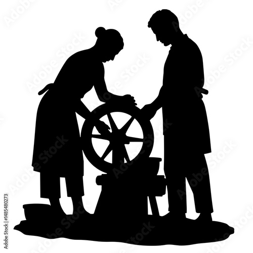 Silhouette of People Crafting Pottery on Spinning Wheel, Artistic Expression and Unplugging for Creativity