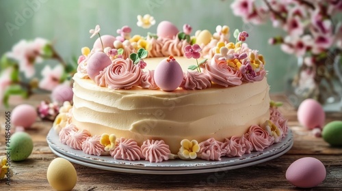 Wallpaper Mural Beautifully decorated pastel cream cake adorned with pink frosting swirls, small yellow flowers, and pastel-colored egg-shaped decorations on a rustic wooden table Torontodigital.ca