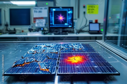 Accelerated weathering chamber interior showing cracked solar cells under intense UV radiation, thermal imaging hotspot overlays, and lab safety labels with data monitors in background bokeh