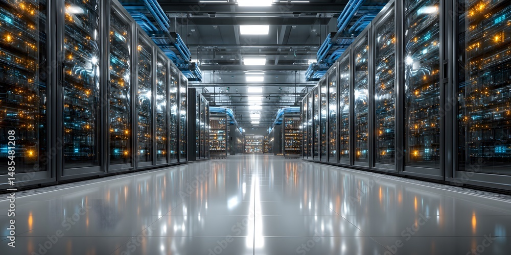 Naklejka premium Futuristic data center aisle perspective. Server racks line sides. Neat blue cable bundles run overhead and along racks. Bright, even lighting reflects on polished floor. High-tech, organized.