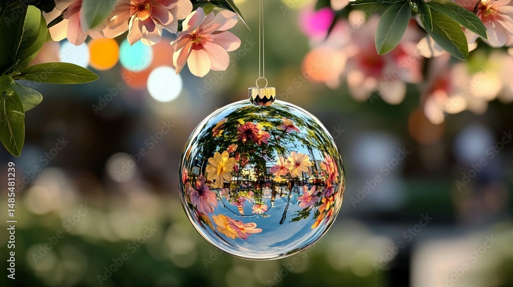 Naklejka premium A reflective Christmas ornament, showcasing a blurred image of flowers and trees, hangs amongst blossoms