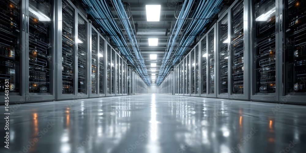 Fototapeta premium Futuristic data center aisle perspective. Server racks line sides. Neat blue cable bundles run overhead and along racks. Bright, even lighting reflects on polished floor. High-tech, organized.