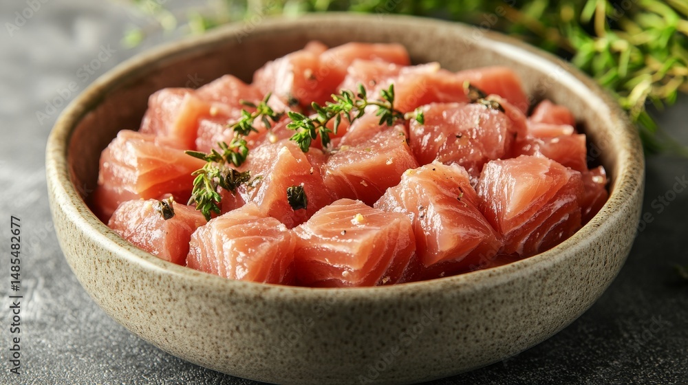 In a white bowl is presented canned tuna fish rich in Omega In a white bowl is presented canned tuna fish rich in Omega