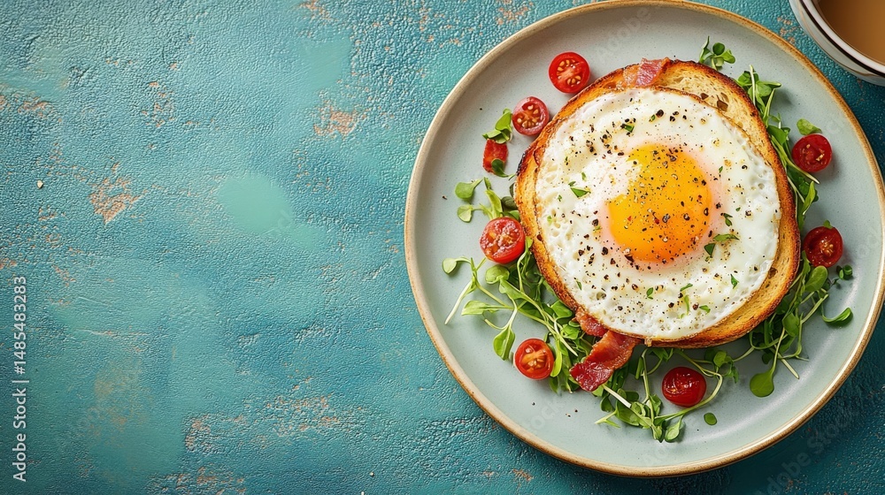 A keto breakfast comprising a sunny-side fried egg, bacon, and toast is served with coffee, photographed from the top and including copy space A keto breakfast comprising a sunny-side fried egg, bacon, and toast is served with coffee, photographed from the top and including copy space