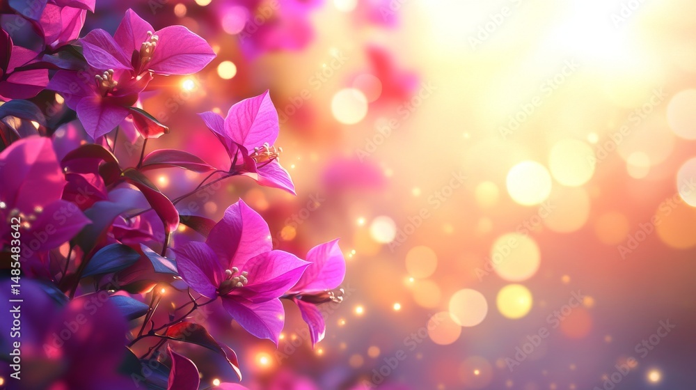Fototapeta premium Exotic flowers are showcased in a closeup with blurred pink and purple bougainvillea in a summer nature setting