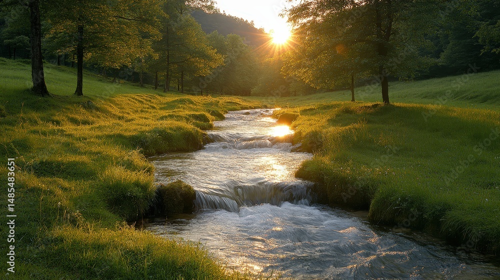 Sunlight streams through trees over a tranquil stream. Sunlight streams through trees over a tranquil stream.