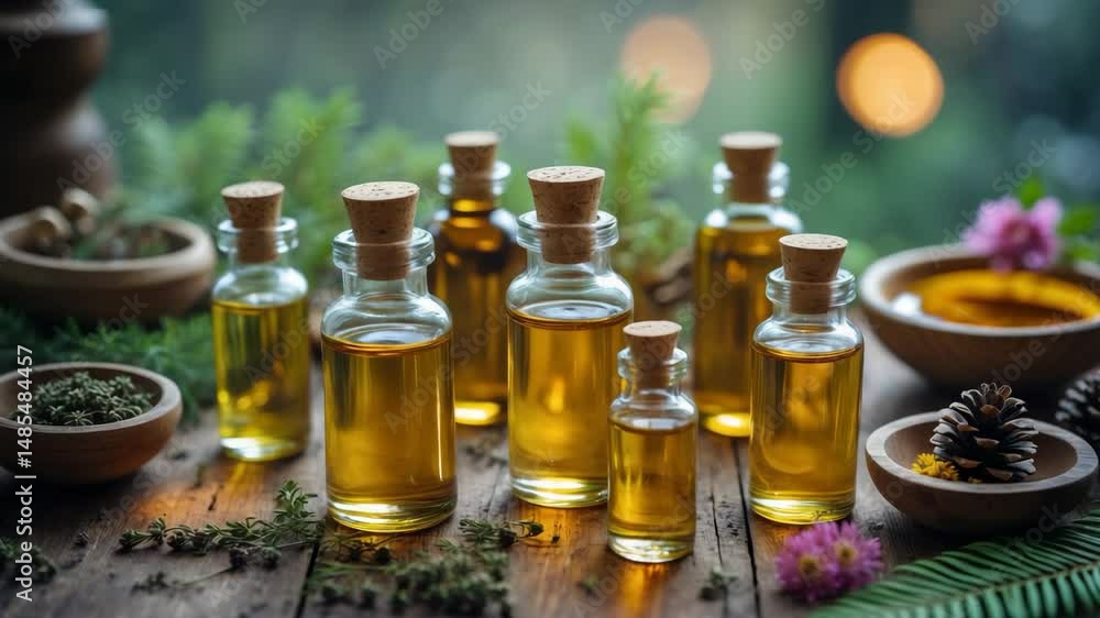 Organic essential oils in small glass jars on a wooden table. Crafted for use. Promoting relaxation, alternative medicine, therapy, and natural ingredients. Organic essential oils in small glass jars on a wooden table. Crafted for use. Promoting relaxation, alternative medicine, therapy, and natural ingredients.