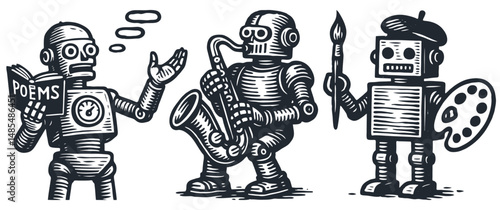 Vintage linocut style vector illustration of three creative robots: a poet, a saxophonist, and a painter. AI, art, and technology concept.
