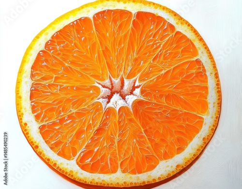 Close-up of a vibrant orange slice showing juicy, detailed pulp and textured rind on a white background