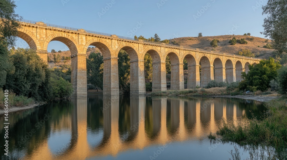 Fototapeta premium Stone arch bridge over calm river, serene reflection