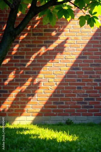 Minimal summer leaves cast shadows on brick wall Sunlight filters through sparse foliage , copy space, golden hour