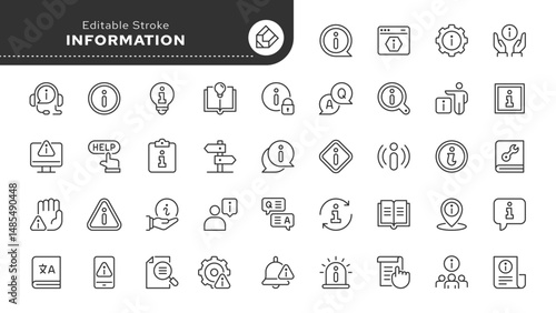Information and info line icon set. Instruction, rule, guide, info center,manual, reference book, dictionary, help and more. Outline icon in linear style. Vector collection.