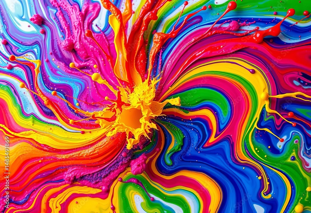 Fototapeta premium Vibrant rainbow paint explosion; swirling, abstract, multicolored, splash, artistic, colorful background, energy, fluidity