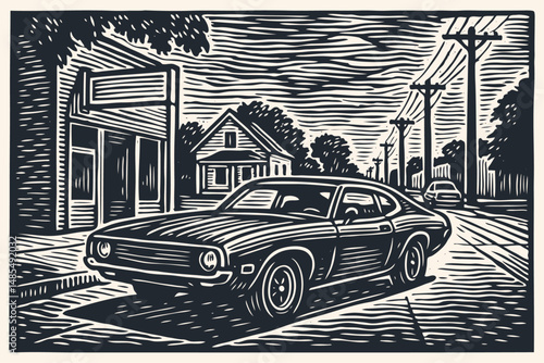 Linocut style vector illustration of a classic American muscle car on a quiet suburban street. Vintage automotive design. Retro, nostalgic scene.