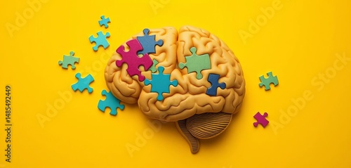 Yellow background, human brain puzzle, memory training concept,  technology,  solution