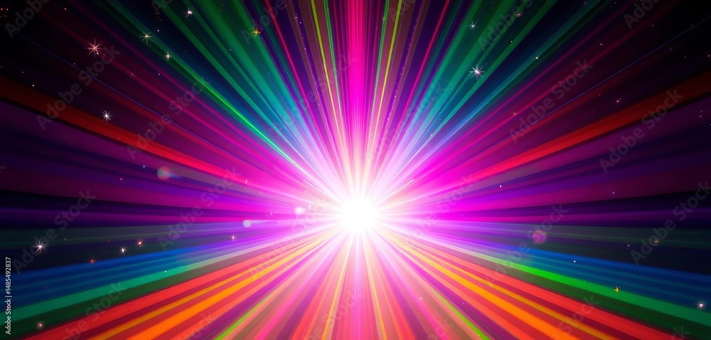 Fototapeta premium Vibrant rainbow sunburst background with glittering stars, powerful, galaxy