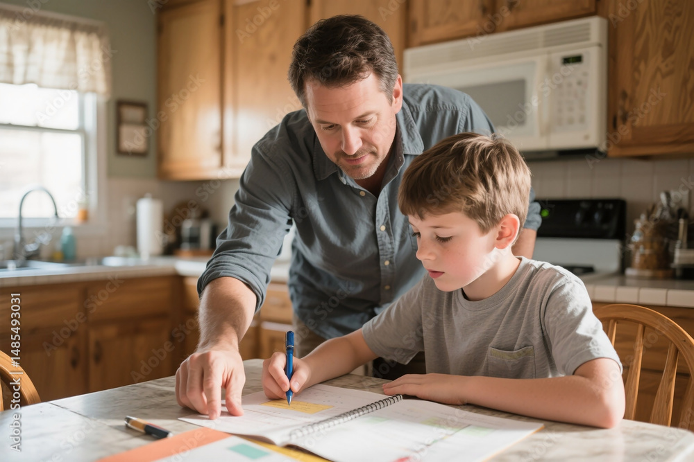 Father helping his son with a school project at the kitchen table, showcasing support, education, and family bonding in a warm home setting. Ideal for learning, parenting, and lifestyle themes.
Father helping his son with a school project at the kitchen table, showcasing support, education, and family bonding in a warm home setting. Ideal for learning, parenting, and lifestyle themes.