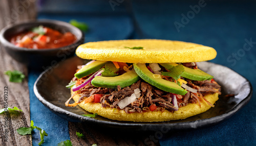 Colorful arepas filled with shredded beef and cheese, styled with avocado slices and fresh salsa 